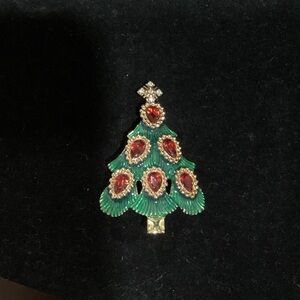 Monet Festive Tree Brooch - Green and Gold with Red Accents